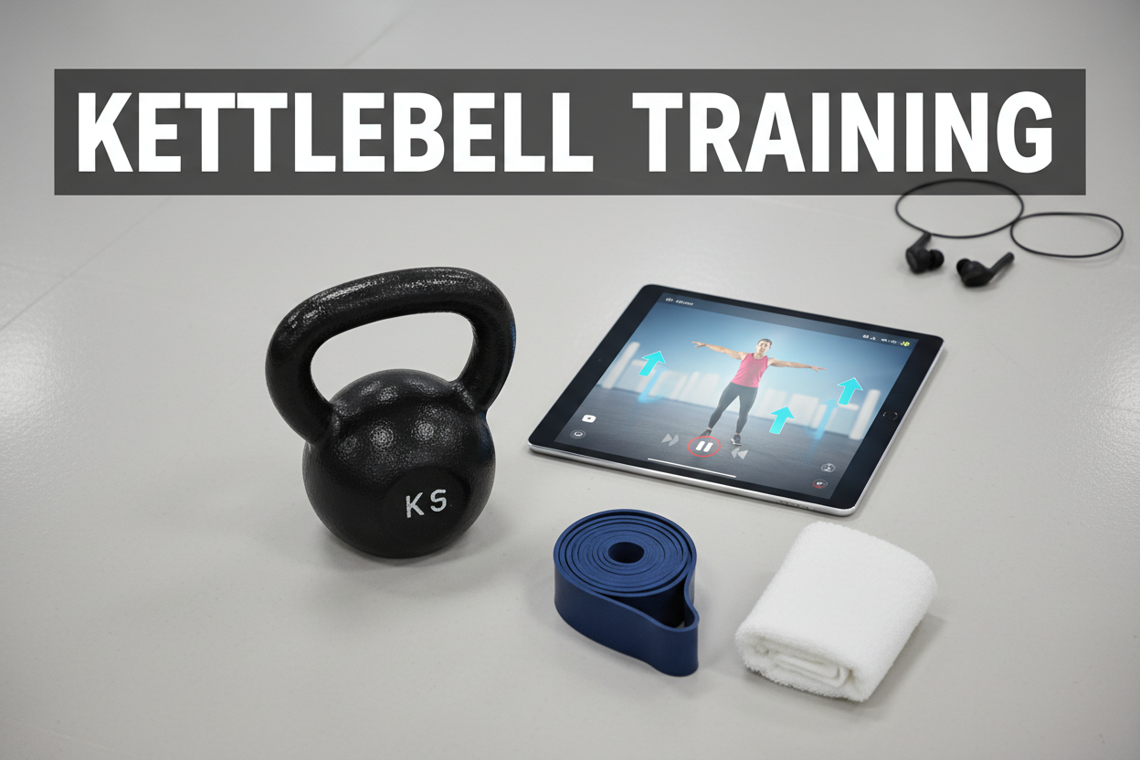Kettlebell and tablet showing workout video flat lay